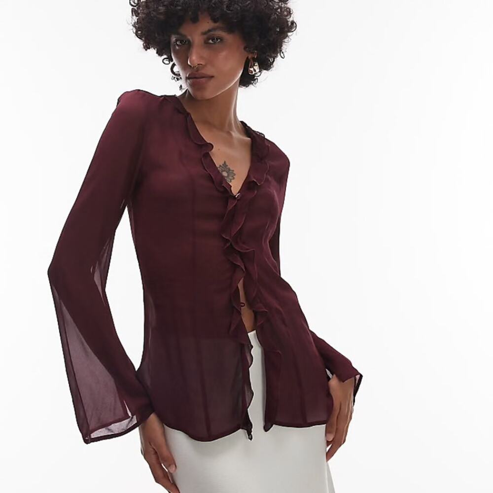 & Other Stories Sheer Ruffle Front Blouse Burgundy Size 10 NWT